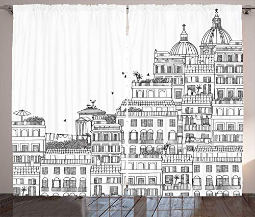 Ambesonne European Curtains, Hand Drawn Italian Town Buildings Cityscape Famous Urban Houses Design, Living Room Bedroom Window Drapes 2 Panel Set, 108 X 108, White Grey