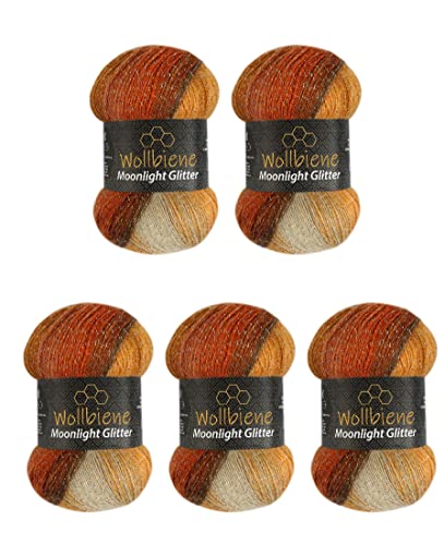 Wollbiene Moonlight Glitter Batik Simli - Lot de 5 pelotes de laine à tricoter de 100 g - 500 g - 20% laine métallisée - Dégradé de couleur - Laine à...