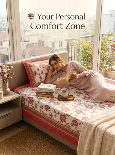 Image of Mafatlal 144 TC Heritage 100% Cotton Rajasthani Jaipuri Traditional Floral King Size Twin Bedsheet with Pillow Cover (90x60 inches)- Red
