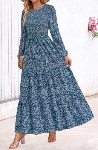 Image of PRETTYGARDEN Women's Fall Dresses 2026 Long Sleeve Flowy Casual Floral Maxi Dress Crew Neck Smocked Tiered Long Dress