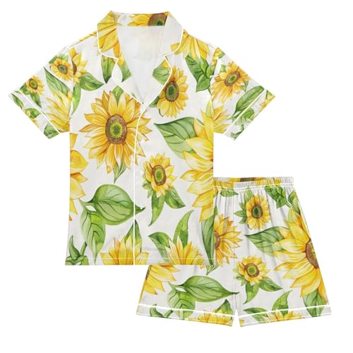 senya Pajama Sets Silky Button Down Nightwear Sleepwear Size 5-14 Years Green Leaves Sunflower