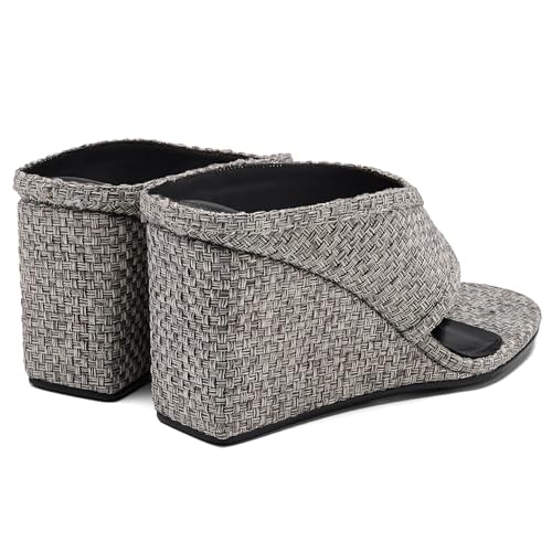 Image of Women's Wedges Heeled Slippers Fabric Heels Slip on Comfy Evening Dress Woven Sandals Square Toe Shoes for Women 3.3 inch Heels