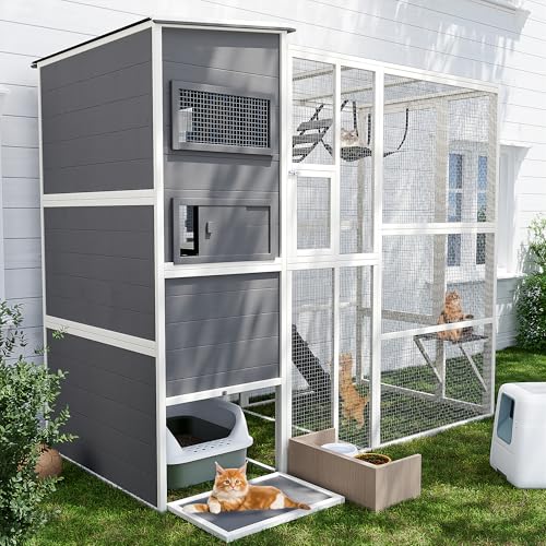 Catio Outdoor Cat Enclosure,4 Tiers Large Enclosures for Mulitiple Cats Walk in Cat Patio with Waterproof Roof, 74" Outdoor Catios with Hanging Hammock (Grey, 74”)