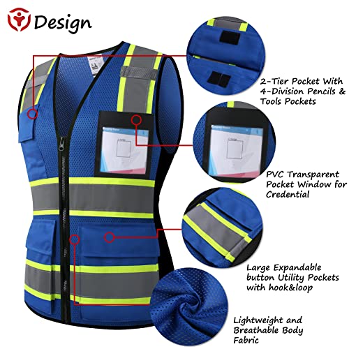 Image of Safety Vest for Men Women Reflective Construction Vest Hi Vis ANSI Standard | ANSI Standard, 8 utility Pockets 4 Reflective Strips with Neon trim High Visibilty Breathable Mesh Safety Apparel for Work