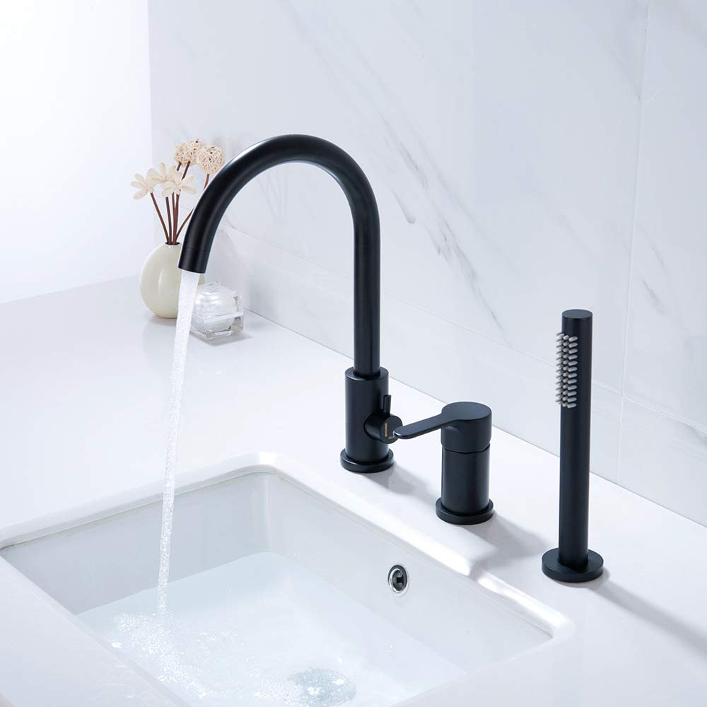 Grifos para bañera con mezclador de ducha, válvula de latón para bañera, grifos para lavabo de baño montados en cubierta, juego de grifo dividido para agua fría y caliente, color negro, juego de 3 pi