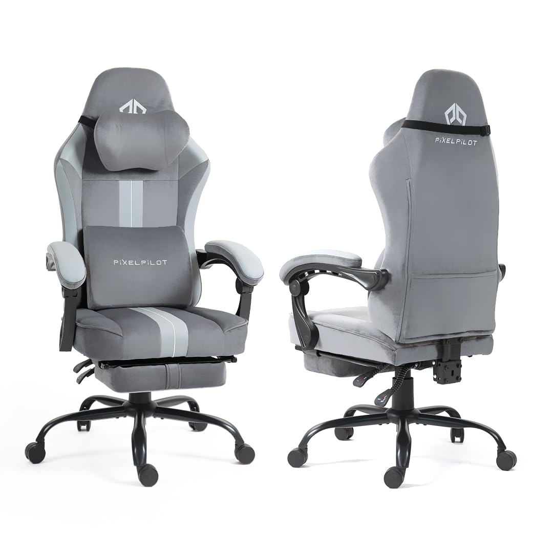 PixelPilot Chaise de jeu ergonomique avec repose-pieds, tissu respirant, chaise de bureau gamer avec appui-tête, soutien lombaire, large assise, 150 kg (gris)