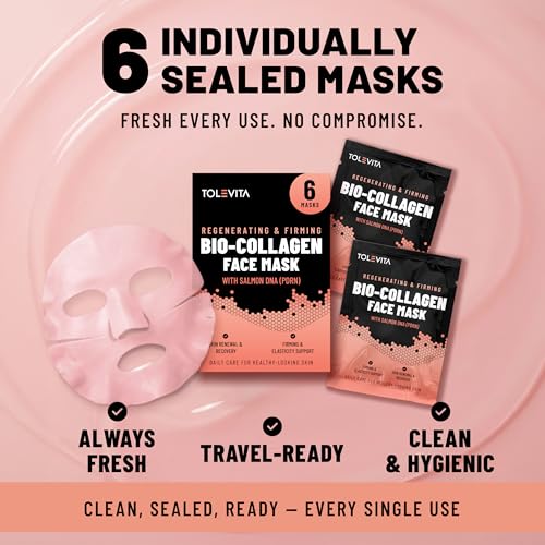 Image of TOLEVITA Salmon DNA (PDRN) Bio-Collagen Face Mask for Regenerating & Firming - 6 Pack, Overnight Hydrogel Mask for All Skin Types (Pink)