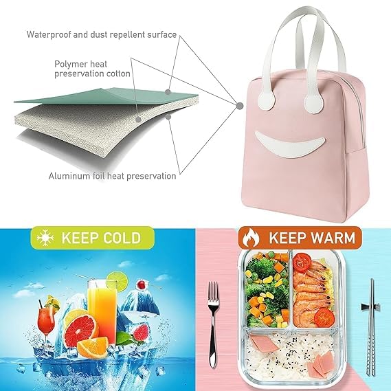 Image of Lunch Bag, Pink, Large, Smiley Pattern