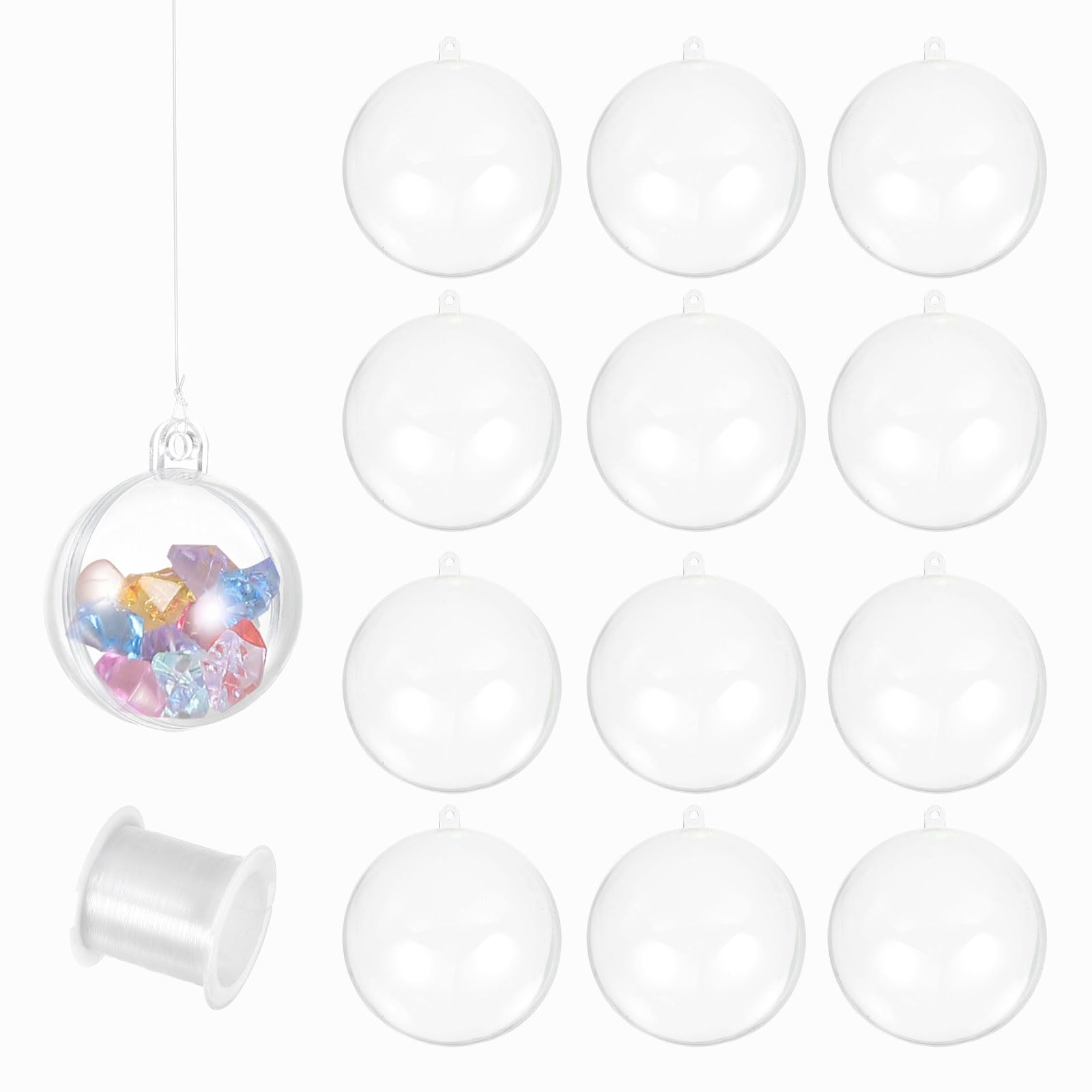Boules à suspendre transparentes 140 mm et fil de 50 m pour décoration de Noël, Lot de 12