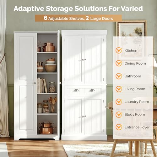 Image of VINGLI 72 inch Tall Pantry Cabinet, Kitchen Pantry Storage Cabinet with 2 Doors & Adjustable Shelves, Freestanding Food Storage Cupboard for Kitchen, Dining Room, Utility Room, White