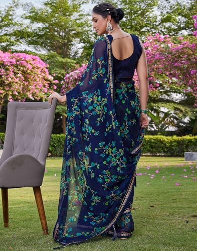 Image of SIRIL Women's Printed Chiffon Saree with Unstitched Blouse Piece