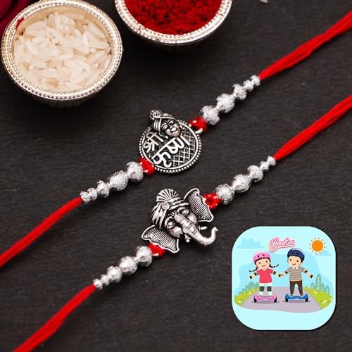 Image of Silver rakhi Magnet Gift for Brother Set of 1 - Krishna Ganesha Rakhis for Brother Bhai Bhaiya - Dessigner Rakhi Set of 2 with Fridge Magnet Men Boys Kids Rakshabandhan Designer Thread Bracelet Rakhis