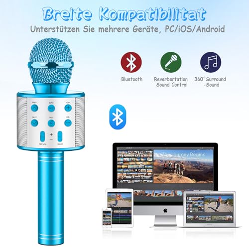 Ambesty Microphone Karaoké sans Fil Bluetooth avec Lumière LED Multi Couleur, Microphone Karaoke pour Enfants/Adultes Chanter Club Noël Anniversaire Soiree Famille Youtube Live, Idée Cadeau (Bleu) – vue 3