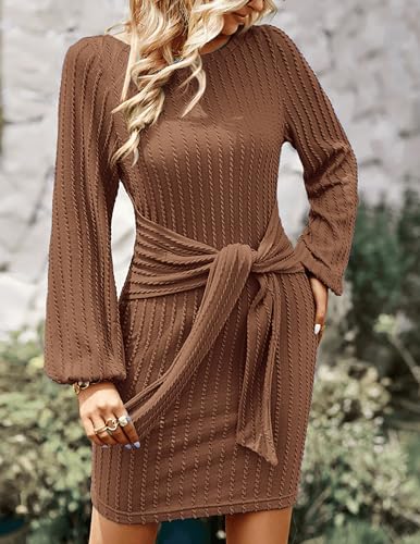 HOTOUCH Women's Casual Knit Dress Long Lantern Sleeve Fall Bodycon Dress Crewneck Tie Waist Rib Knitted Sweater Dresses4