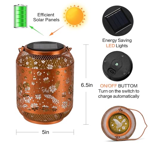 Image of 2 Pack Solar Lanterns Outdoor Waterproof Hummingbird Garden Decor Birthday Gifts for Women Mom Grandma Hanging Solar Lights Metal Decoration Outside for Yard, Patio, Backyard, Porch, Pathway