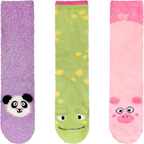 Image of BambooMN Super Soft Warm Cute Animal Face Non-Slip Fuzzy Crew Winter Home Socks, Value Pack