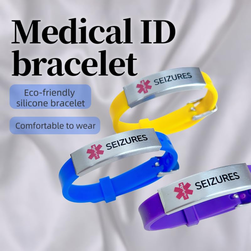 Image of RENYILIN Nine-color eco-friendly silicone bracelet Stainless steel Medical ID Bracelet Adjustable medical alert ID Emergency first aid jewelry (SEIZURES, Black), Uniform size