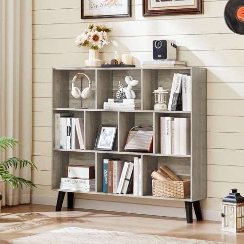 LEYAOYAO 10 Cube Bookshelf,3 Tier Modern Wide Bookcase with Legs,Mid-Century Wood Bookshelves Storage,Retro Grey Large Book Case,Freestanding Organizer Display Shelf for Bedroom,Living Room,Office