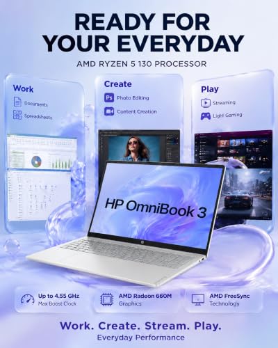 Image of HP OmniBook 3 17.3 inch Touchscreen Laptop PC, AMD Ryzen 5 130 (Up to 4.55 GHz), 32GB RAM, 2TB SSD, FHD IPS Display, Backlit Keyboard, Windows 11 Pro, Radeon 660M Graphics, Wi-Fi 6, Copilot+ PC