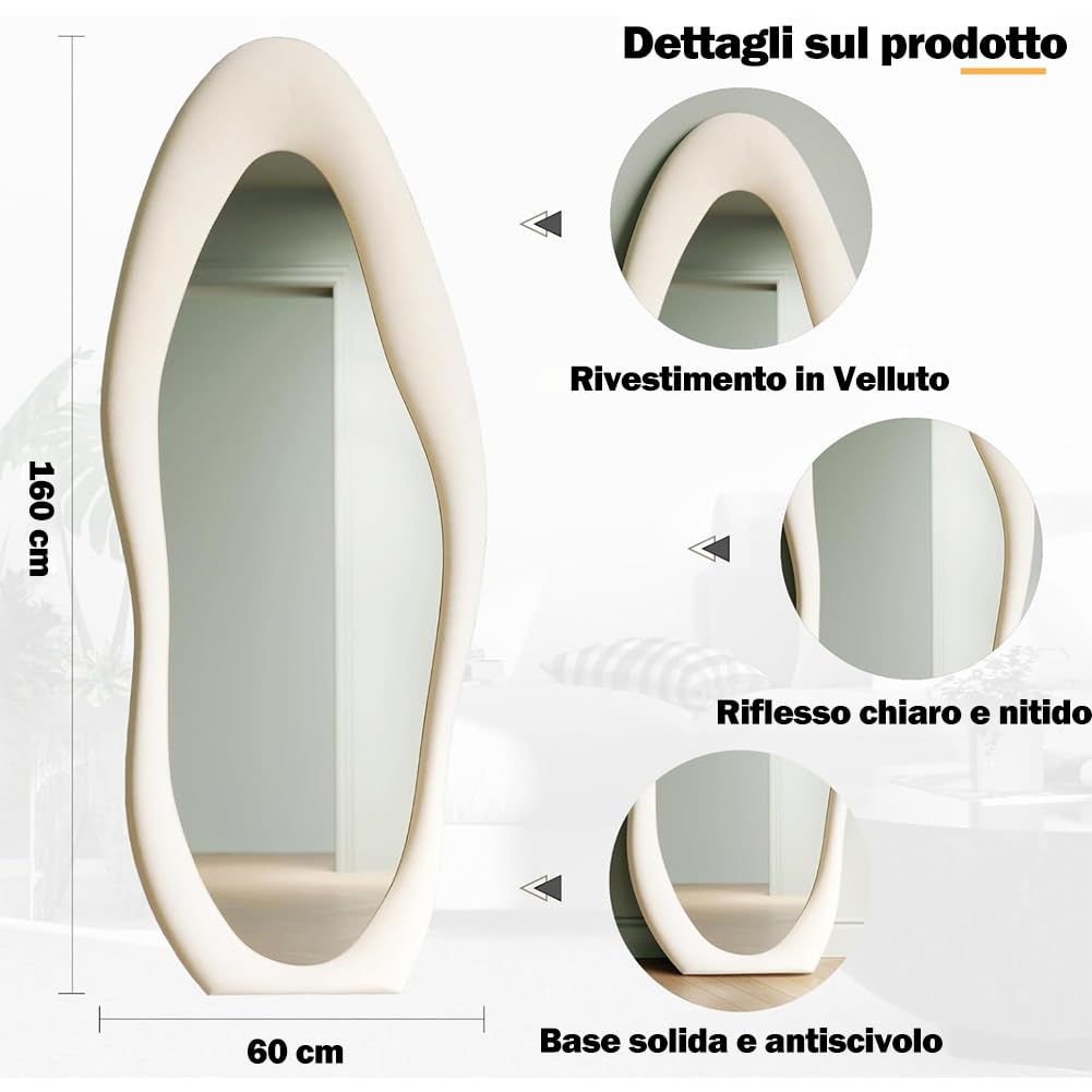 Shally Dogan Specchio Ondulato Figura Intera con Rivestimento Cornice in Velluto Premium, Specchietto Grande Asimmetrico per Decorazione Casa, Ufficio, Negozio, 60 x 160 cm (Bianco)