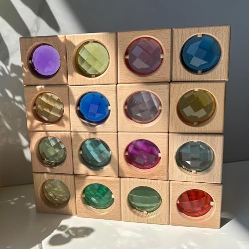 Image of KOAICS 16PCS Acrylic Wooden Gem Blocks, Sparkling Acrylic Colorful StackingToys, Open Ended Play Montessori Educational Toys (16PCS Square Gem Blocks)