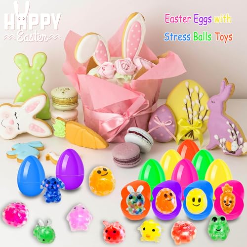 Image of 12Pcs Prefilled Easter Eggs with Mini Stress Balls Squeeze Toys Inside for Easter Basket Stuffers, Filled Easter Egg for Easter Hunt Party Favors Supplies