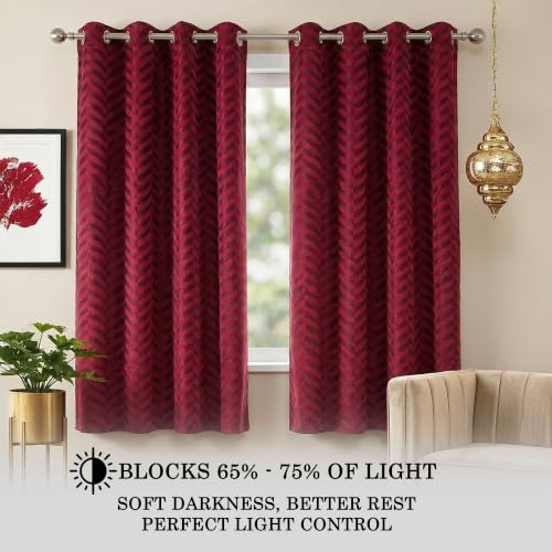 Image of 100% Room Darkening Window Curtains 5 Feet, 2 Piece, Maroon | Embossed Panels Light Block Mild Thermal Insulated & Noise Reducing Room Darkening Curtains (Maroon, 60 Inch)
