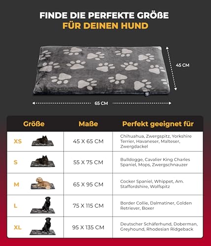 HS-Hundebett® Hundedecke S (55x75 cm) – rutschfest und gemütlich Dank 3 cm Füllung – Perfekt fürs Sofa, Auto & Hundebox – Pfote Anthrazit, Made in DE