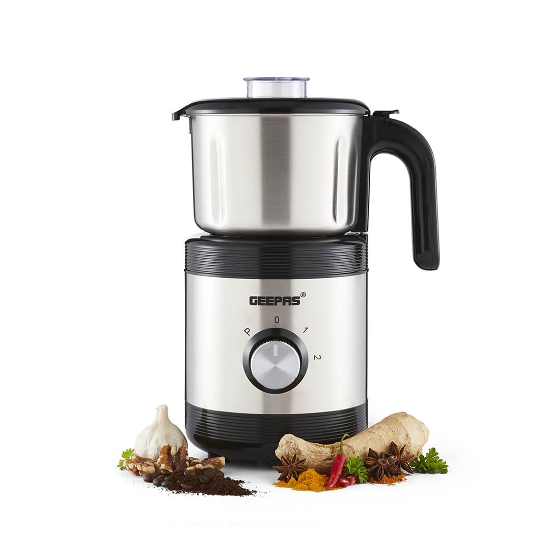 Geepas Coffee Grinder Food Processor 450W Electric Wet & Dry Grinder Coffee Mill Stainless Steel Jar & Blades for Coffee Spice Spices Chutney, 2 Speed Pulse - Detachable Bowl, 800ML Capacity, Silver