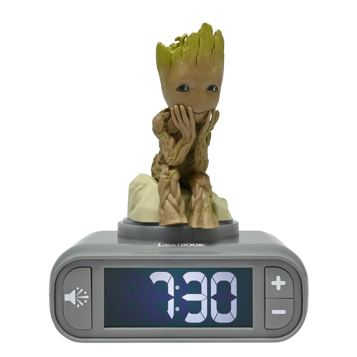 Lexibook, Marvel Guardians Of The Galaxy, Budzik Nocny Groot, Dźwięki i Melodie, Podświetlany Ekran LCD, Podświetlenie, Drzemka, Szary, Brązowy, RL800GG