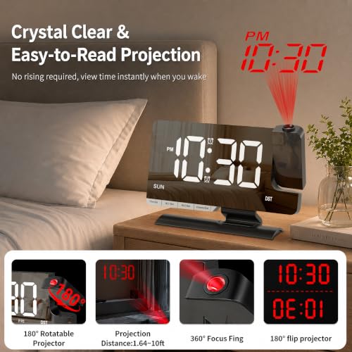 Projection Clock for Bedroom Ceiling, Black LED Mirror Digital Alarm Clock - Image 2