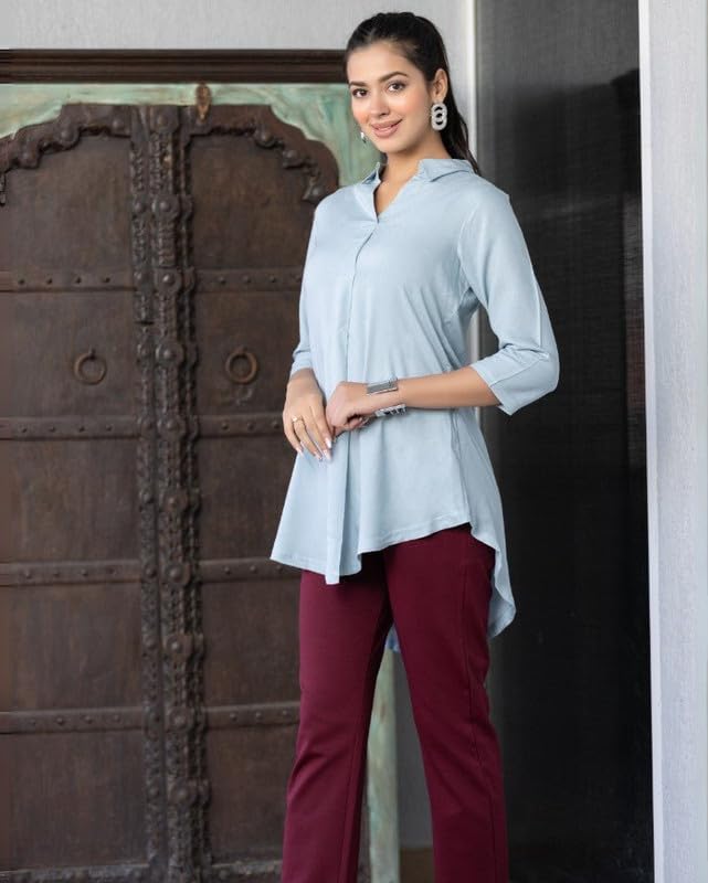 Image of Mlada Rayon Flare Top for Women | 3 /4th Sleeve Regular Fit and Flare Top | Women Office Tops Tunic | Western Long Shirt Top for Women | Shirt Collar Top for Women | Rayon Tunic Tops for Women Western