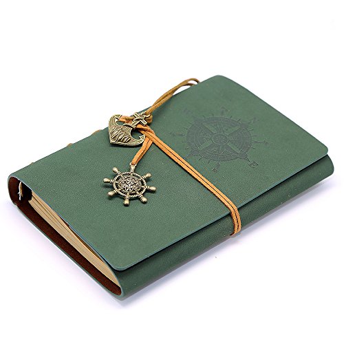 Evz Leather Writing Journal Notebook, 7 Inches Vintage Nautical Spiral Blank String Diary Notepad Sketchbook Travel To Write In, Unlined Paper, Retro Pendants, Classic Embossed, Dark Green #TOP2