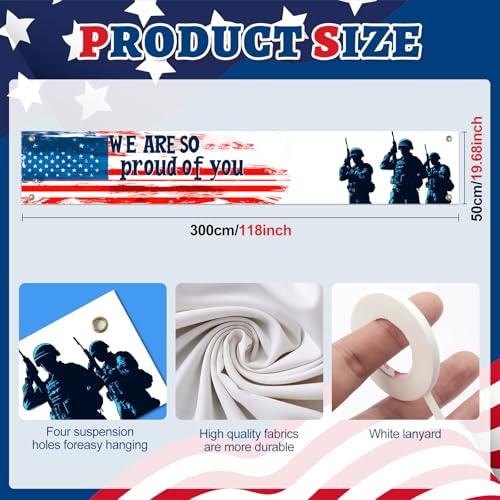 Image of BlissYard Patriotic Banner We Are So Proud of You Banner for Outside American Flag Military Banner 118 x 20 Inch 4th of July Welcome Home Veterans Decorations for Yard Fence Porch