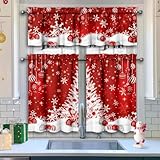 Xsinufn Christmas Kitchen Curtains Valances 3 Piece Set,Xmas Ball Ornaments Snowflakes Rod Pocket Kitchen Curtain Over Sink Window,Farmhouse Cafe Curtains for Holiday Winter Decor 36 Inch