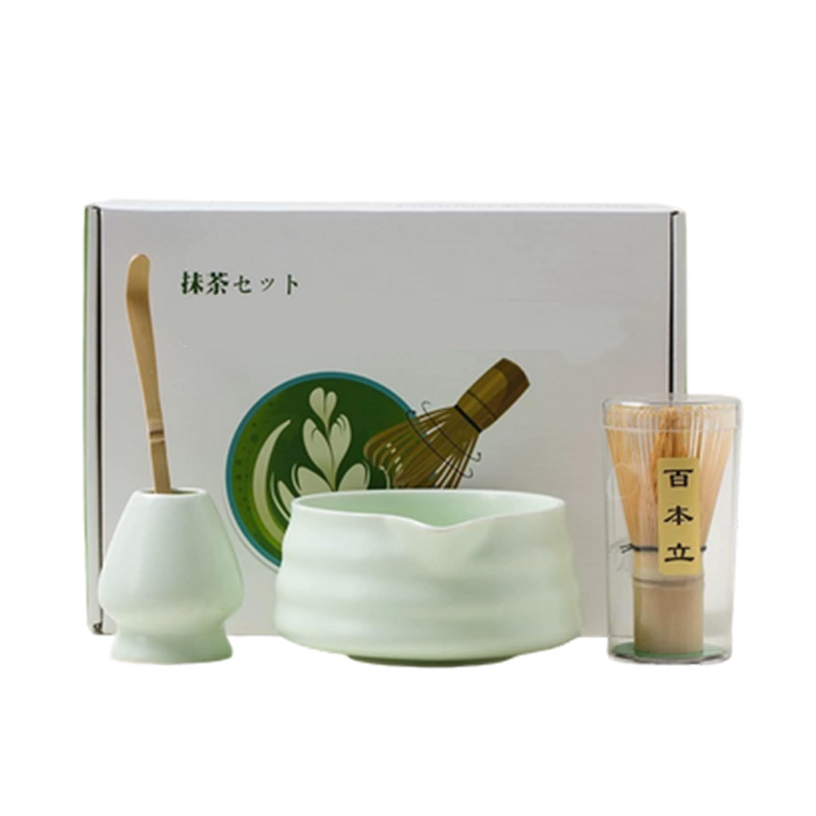 AVIANA Matcha Set of 4 Ceramic Chawan Bamboo Jade Hand Glazed Tea Bowl