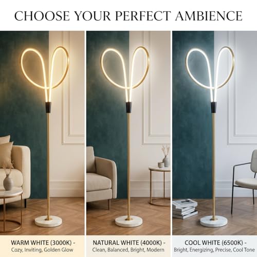 Image of Floor Lamp 3-Color CCT (Warm + Natural + Cold White) LED Standing Lamp Gold Aluminium Loop Design for Living Room Bedroom