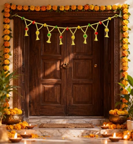 Image of Rajasthan Kraft Handmade Beads & Pom Pom Door Toran - 40 Inch in Size, for Festive & Housewarming Decor (T0014)