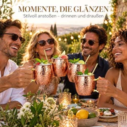 Foto von ZOFUN 4 Stück Moscow Mule Becher Kupfer Becher Set 530 ml | Kupferbecher Moscow Mule Moscow Mule Tassen Kupfer mit 4 Trinkhalme for Kaltes Getränk, Wein, Bar, Party, Geschenkset