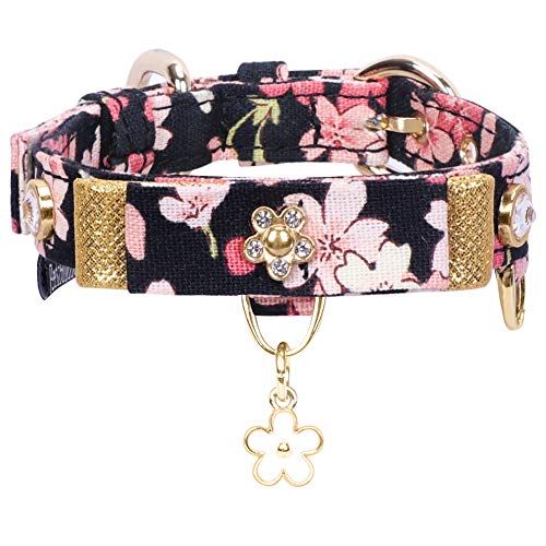 PetsHome Cat Collar, Dog Collar, [Floral Print] Adjustable Collars with Bow and Rhinestones for Cat and Small Dog Extra Small Black