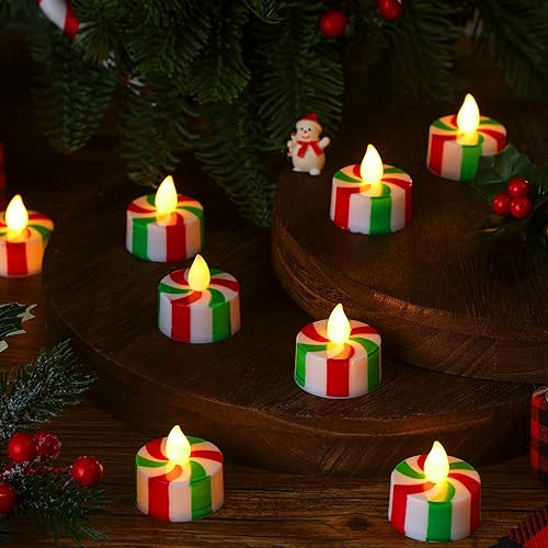 Zhanmai ZHANMAI-CANDLES--LDK782984 24 Pcs Christmas Candy Cane Tea Lights Led Flameless Candles Striped Battery Operated Flickering Candles Warm Yellow Light Candles Flameless Tealight Candles thumb #4