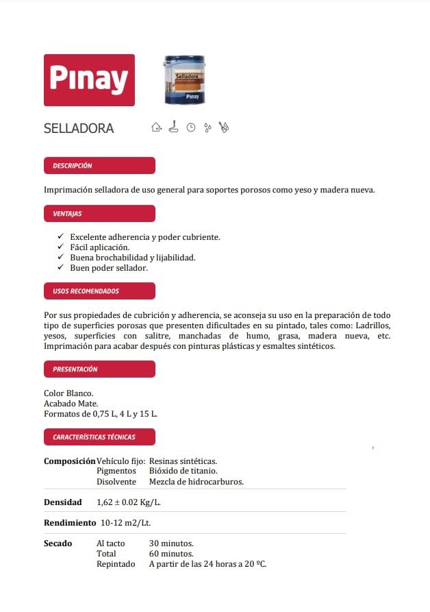 SELLADORA PINAY - Imprimación selladora de uso general para soportes porosos como yeso y madera nueva. (BLANCO - 15 L)