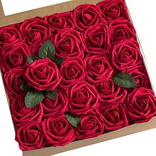 Ling's Moment Artificial Flowers 50pcs Real Looking Dark Red Fake Roses W/stem For