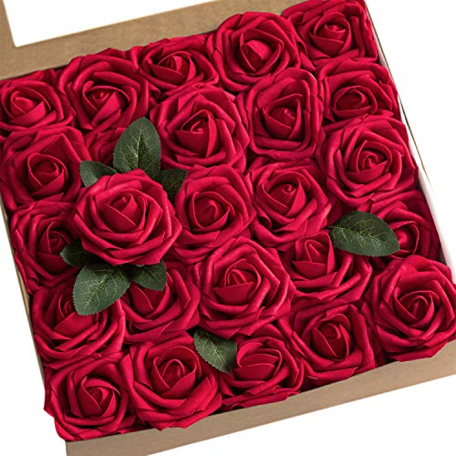 Ling's Moment Artificial Flowers 50pcs Real Looking Dark Red Fake Roses W/stem For