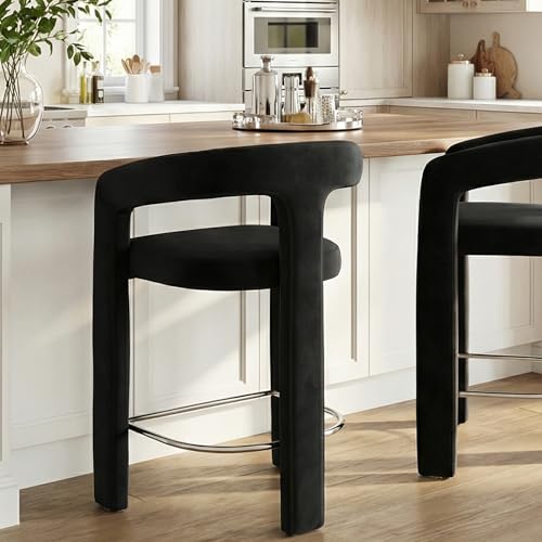 Image of HNY Modern Barrel Bar Stool, 26 Inch Upholstered Velvet Counter Height Barstool with Open Back and Armrests, for Kitchen Island, Home Bar, Dining Room, No Assembly, Black