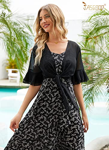 Image of JASGOOD Women Chiffon Shrug Half Sleeve Tie Front Cropped Sheer Bolero Shrug Open Front Cardigan