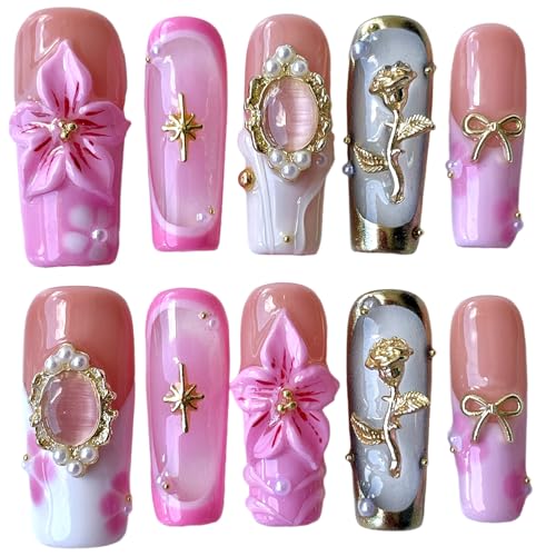 Handmade Press on Nails 3D Floral Pink Nude Gold Rose