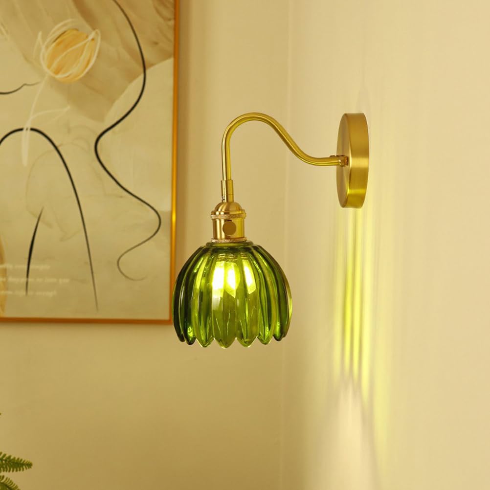 Lampa ścienna w stylu vintage, mosiężna, złota, z gwintem E27, z przełącznikiem i zielonym wzorem kwiatowym, szklany klosz, lampka nocna, dekoracyjna lampa do salonu, sypialni, restauracji, kawiarni,