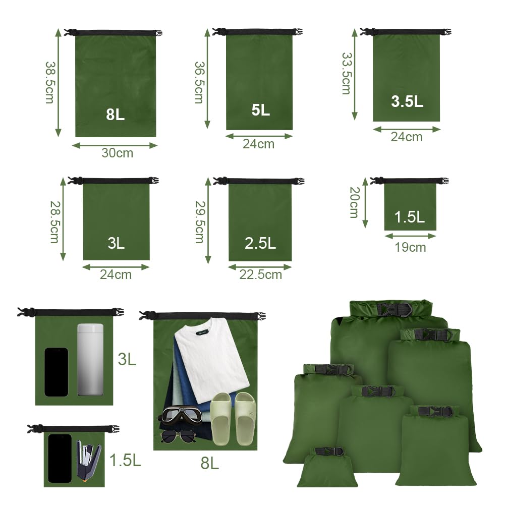 6 Piezas Bolsas Estancas Impermeable, 1.5/2.5/3/3.5/5/8L Bolsas Secas Ligeras, Bolsas Estancas Ligeras Portátil, para Kayak, Senderismo, Rafting, Camping, Pesca, Ciclismo(Verde) — view 2