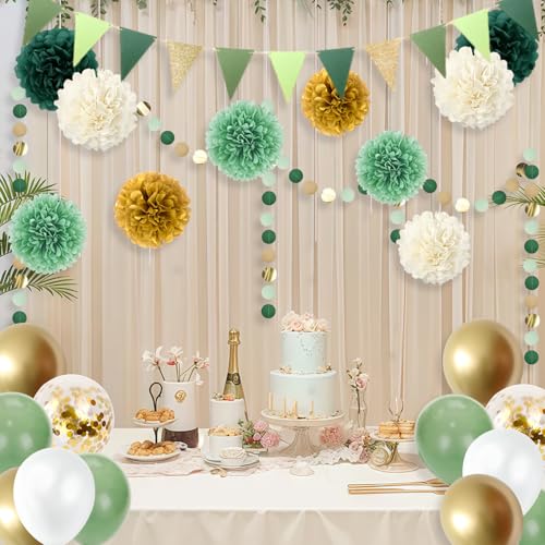 Geburtstagsdeko Grün Partydeko Set 26 Stück, Seidenpapier Pompons Deko mit Grüne Girlande Luftballons Party Deko für Geburtstagsdeko Mann Frauen Hochzeitsdeko Dschungel Gartenparty Sommer Dekoration